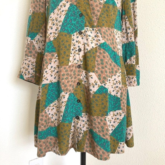 Natural Life Twiggy Green Floral mini Shirt dress S Boho long sleeve Patchwork - Picture 6 of 16